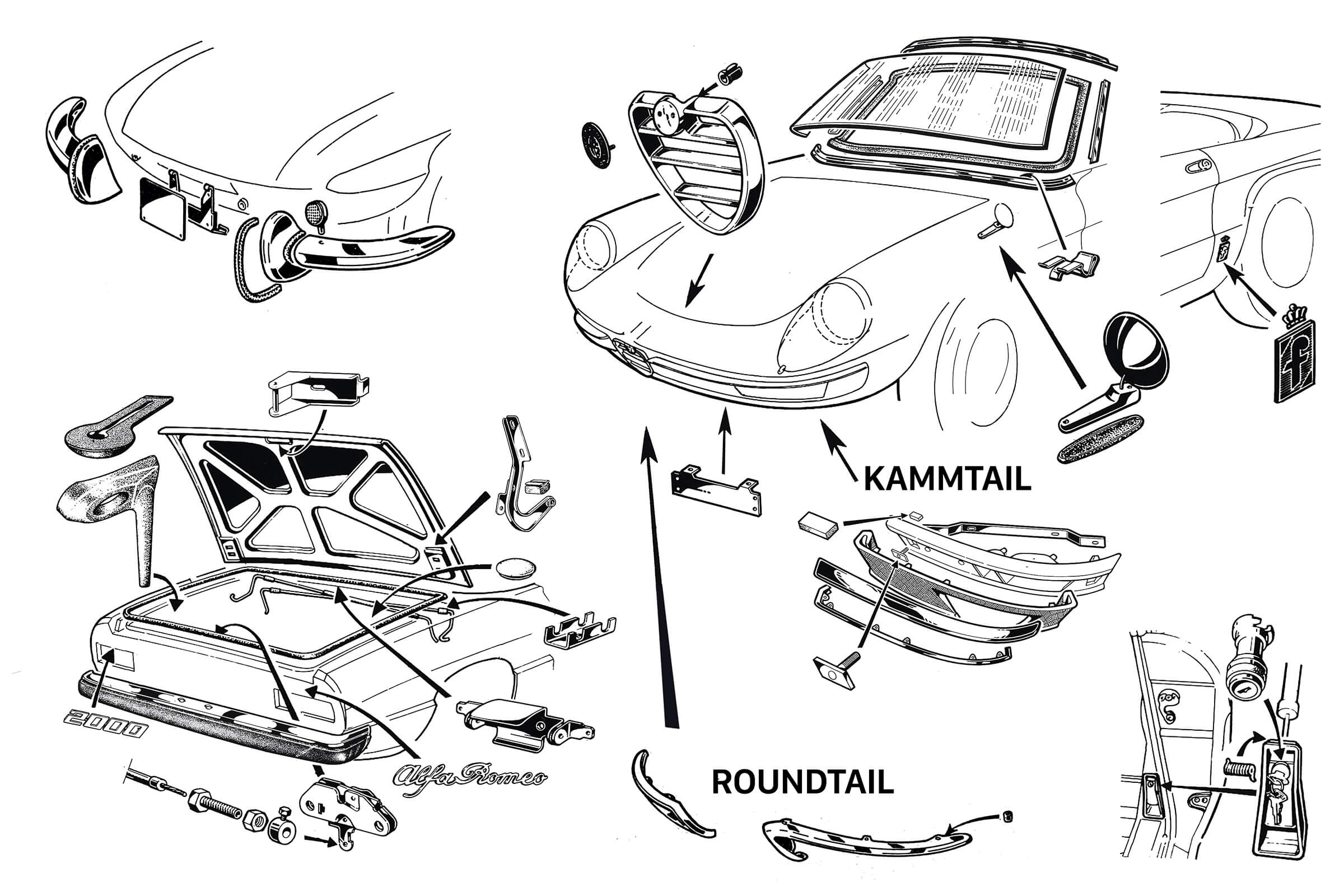 Outer Finishings | Body | 105/115 Series Spider Diagrams | Alfa Romeo Parts Diagram | Alfaholics